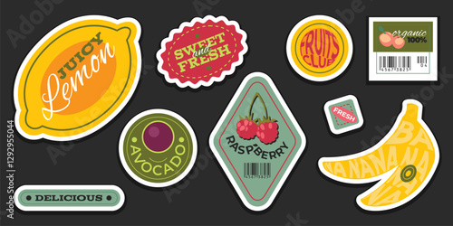 Retro fruit sticker set with vintage typography. Colorful lemon, banana, raspberry and avocado designs with white borders, barcodes and phrases. Nostalgic produce labels for farm organic food.