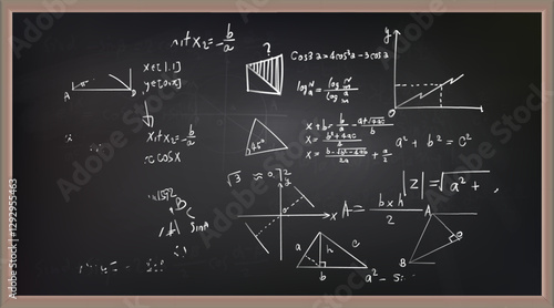 Vector illustration of chalkboard and math formulas on chalkboard. Numbers. Calculation. Teaching math on chalkboard. Chalkboard.