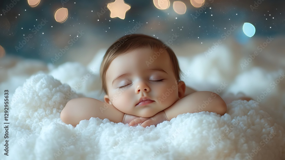 A sleeping baby rests peacefully on soft white clouds at night A sleeping baby rests peacefully on soft white clouds at night
