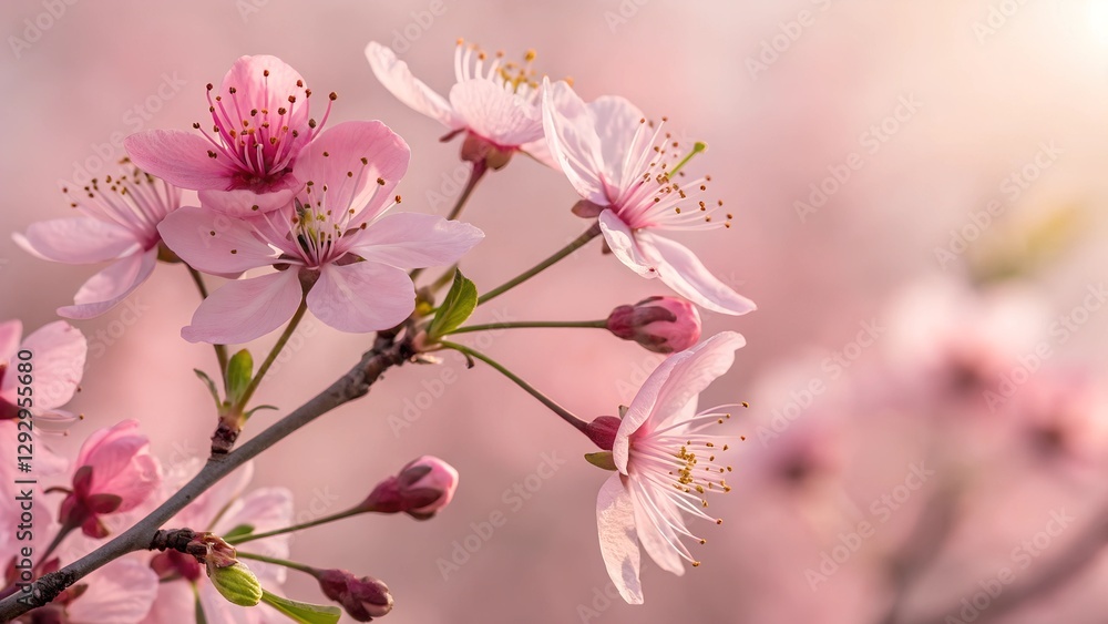 Obraz premium Cherry Blossom's Gentle Embrace: Delicate cherry blossom branch, adorned with soft pink petals and intricate details, evokes a sense of spring's arrival and nature's renewal.