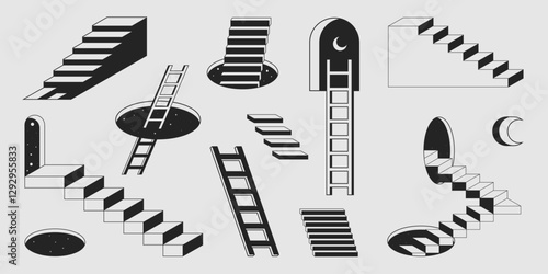 Retro ladder and stairway illustrations with geometric shapes in black monochrome style. Minimalist cosmic portals with steps for surreal art, vintage design or abstract architectural concepts.