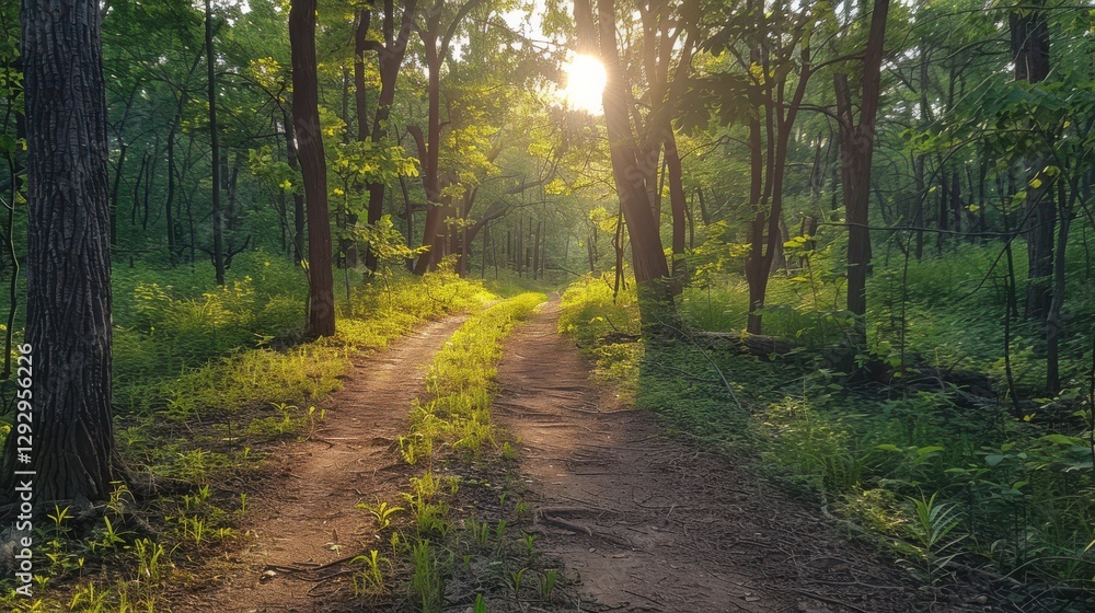 Fototapeta premium Serene Forest Paths in Morning Light with Lush Green Surroundings