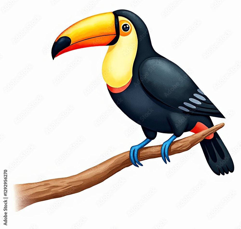 Naklejka premium Elegant Toucan Portrait: A Charming Watercolor Illustration for Children's Books, Highlighting the Toucan's Profile and Blue Feet Against a Pure White Background.