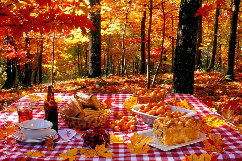 A cozy picnic scene in a vibrant autumn forest, featuring a checkered tablecloth, delicious food, and colorful foliage. A cozy picnic scene in a vibrant autumn forest, featuring a checkered tablecloth, delicious food, and colorful foliage.