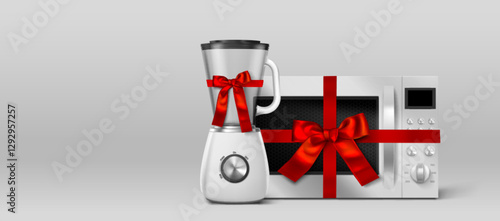 Household appliances set with red ribbon and bow - electric blender and microwave oven gifts on gray background. 3d realistic vector illustration of kitchen utensils presents for sale promo.