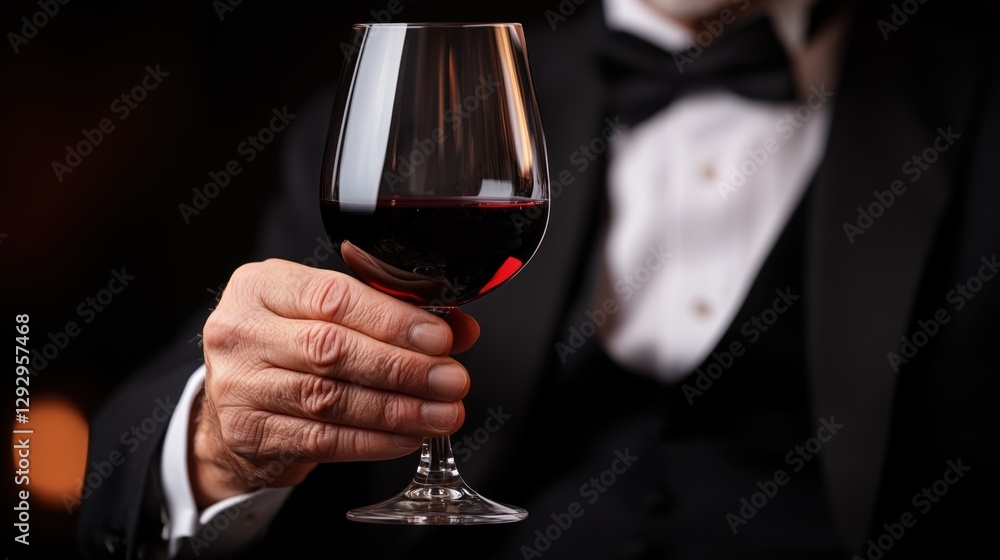 well-dressed man in a tuxedo holds a glass of red wine up to chest level, exuding sophistication and elegance. dimly lit background enhances the refined atmosphere of the gathering well-dressed man in a tuxedo holds a glass of red wine up to chest level, exuding sophistication and elegance. dimly lit background enhances the refined atmosphere of the gathering