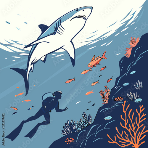  Fierce shark hunting in the deep sea, dynamic underwater scene with realistic marine action.