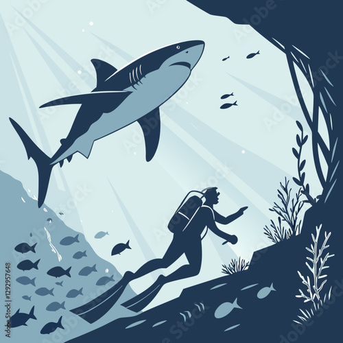  Fierce shark hunting in the deep sea, dynamic underwater scene with realistic marine action.