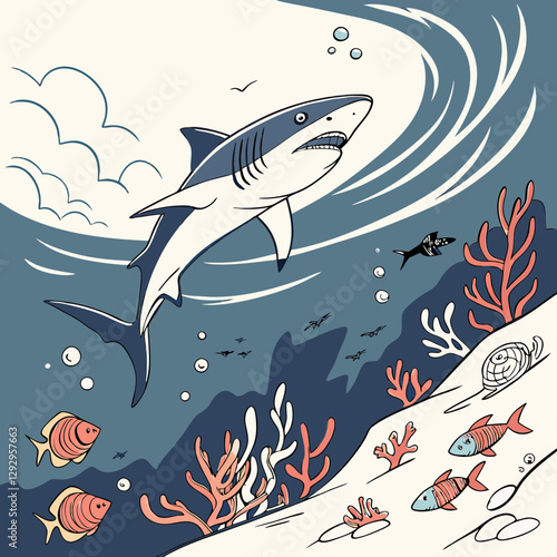  Fierce shark hunting in the deep sea, dynamic underwater scene with realistic marine action.