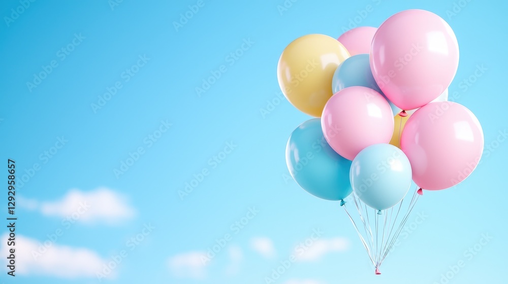 Pastel balloons float against a blue sky; celebration, joy (2) Pastel balloons float against a blue sky; celebration, joy (2)