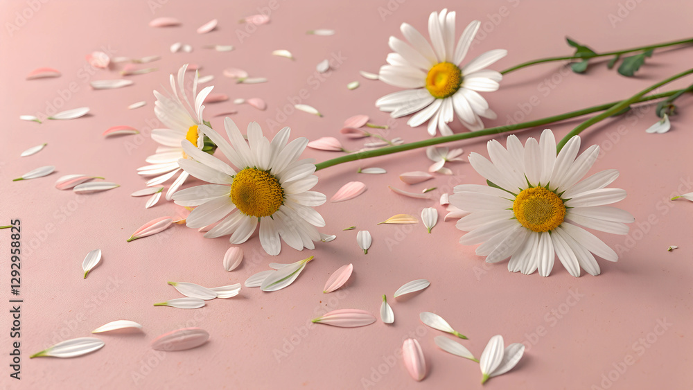 Obraz premium Daisies are scattered artistically on a pink background with petals around