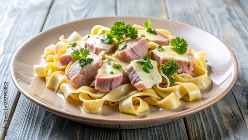Thinly sliced veal served in a elegant plate with creamy tuna sauce and garnished with fresh parsley, Italian cuisine, pasta dish
