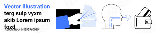 Hand with card conducting payment, head with face recognition lines, and wallet with cards. Ideal for technology, finance, security, online payments, consumer behavior, digital transformation