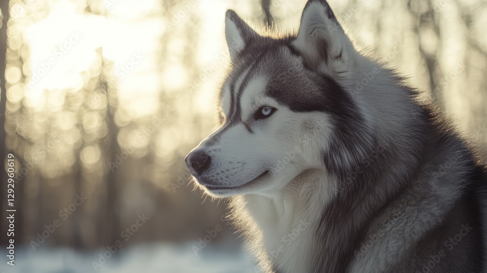Majestic Siberian Husky in a Winter Landscape with Sunlight Background