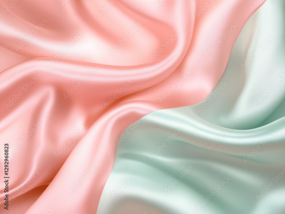 Fototapeta premium Silk's Serene Symphony: Elegant waves of silk fabric in gentle hues of peach and mint, flowing with graceful folds, conjuring feelings of luxury, softness, and delicate textures