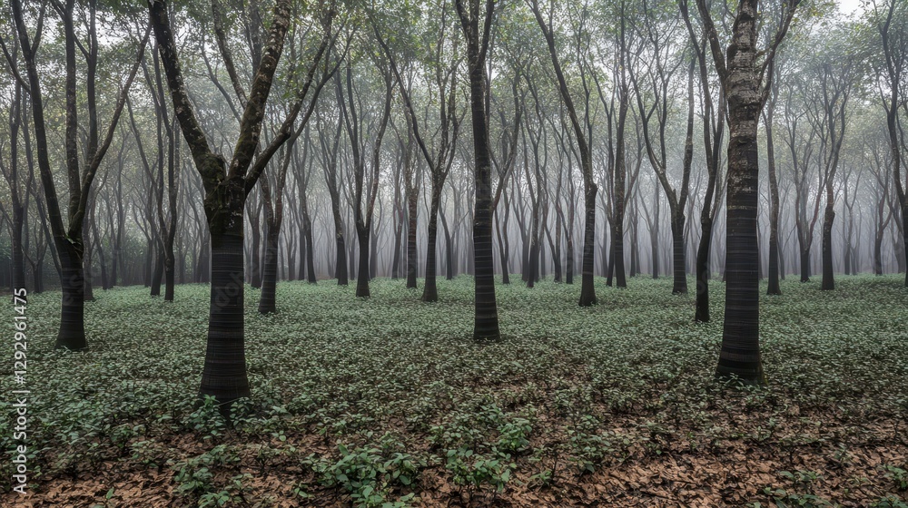 Misty Forest with Tall Trees and Lush Ground Cover in Morning Light Misty Forest with Tall Trees and Lush Ground Cover in Morning Light