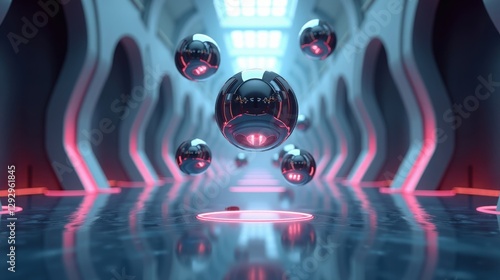 A futuristic chamber filled with levitating metallic spheres, softly glowing with an inner luminescence, floating effortlessly in an abstract gravitational anomaly.
