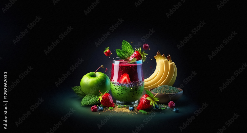 Fototapeta premium Vibrant fruit smoothie with fresh ingredients. Apple, banana, berries, and mint leaves arranged around a glass of healthy beverage.