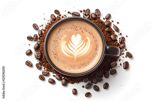 A top-down view of a dark ceramic cup filled with latte art, surrounded by scattered coffee beans and a pile of ground coffee on a white background, capturing the essence of a perfect coffee moment