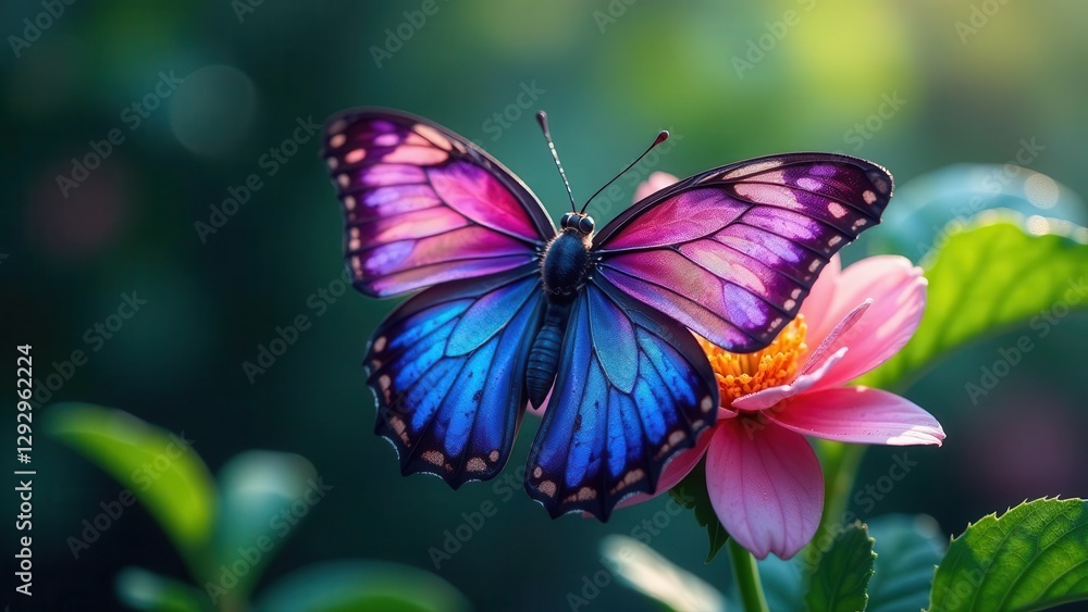 A vibrant iridescent butterfly delicately perched on a soft pink blossom in a sunlit garden A vibrant iridescent butterfly delicately perched on a soft pink blossom in a sunlit garden