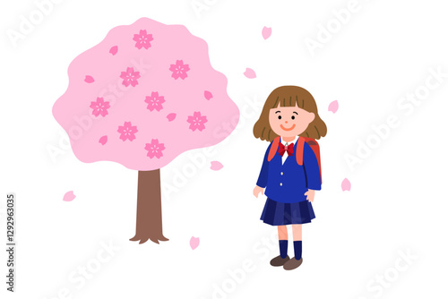 桜舞う小学生の女の子のイラスト