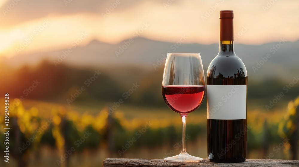 Elegant red wine bottle and glass in vineyard at sunset with soft light highlighting scenic landscape details Elegant red wine bottle and glass in vineyard at sunset with soft light highlighting scenic landscape details