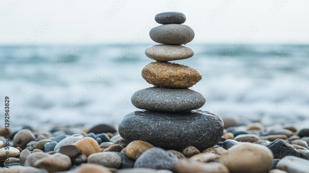 Zen-like stone formation on a pebbly shore, gentle tide rolling in. Zen-like stone formation on a pebbly shore, gentle tide rolling in.