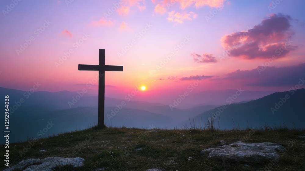 Cross at Sunset: A silhouette of a cross stands majestically against a breathtaking sunset, painted with hues of purple, orange, and pink, creating a sense of peace, faith, and hope. Cross at Sunset: A silhouette of a cross stands majestically against a breathtaking sunset, painted with hues of purple, orange, and pink, creating a sense of peace, faith, and hope.