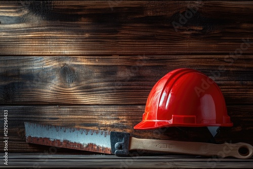 Construction Carpentry Tools Red Helmet Glaves and Handsaw on Wooden Background photo