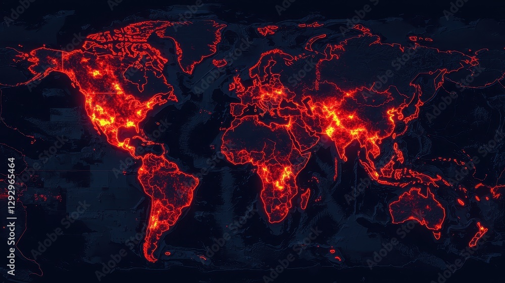 Fototapeta premium A heatmap of the world, showcasing areas of high activity or density in vibrant red against a dark background.