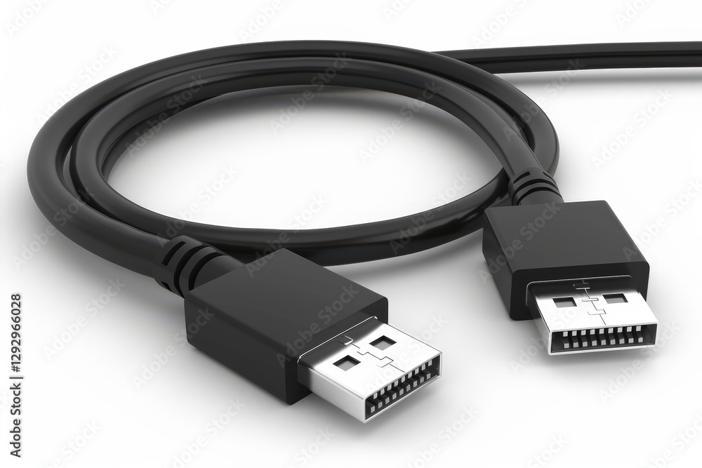 A black USB cable with two connectors, coiled in a circular shape, commonly used for data transfer and charging electronic devices. A black USB cable with two connectors, coiled in a circular shape, commonly used for data transfer and charging electronic devices.