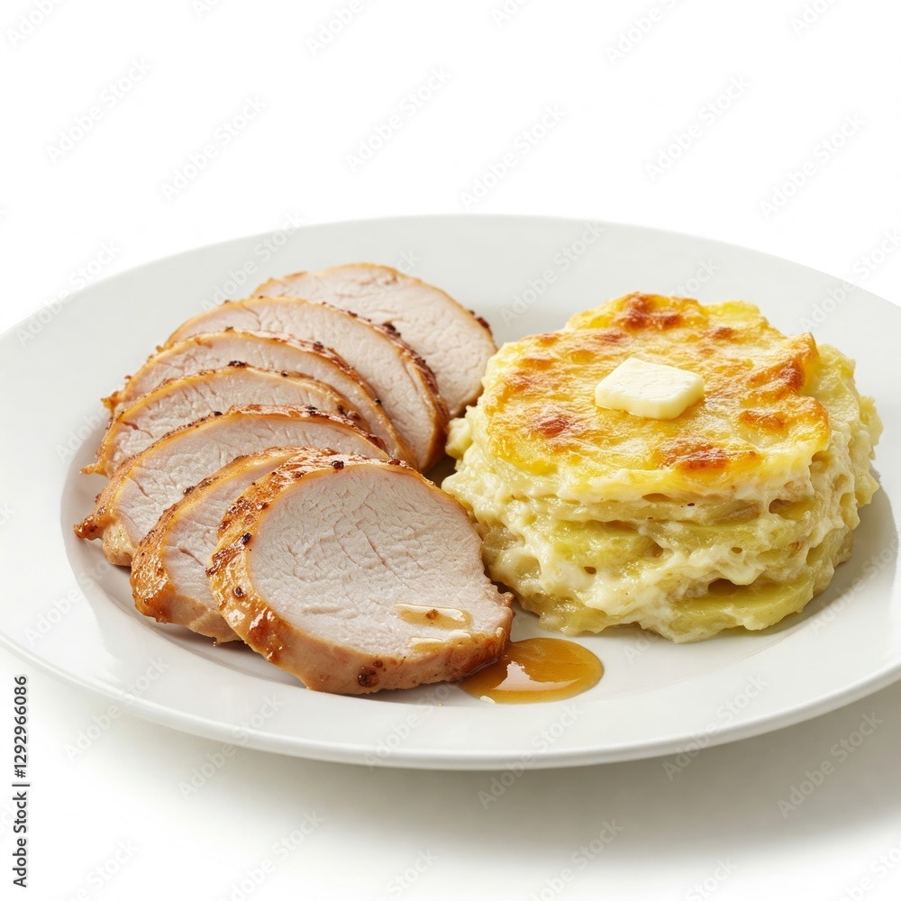 plate of turkey breast with gratin potato on white background plate of turkey breast with gratin potato on white background
