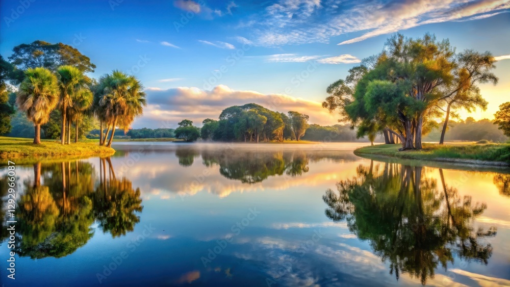 Obraz premium Serene lake water reflections at dawn in Overlook Park Seminole County with surrounding trees and hills