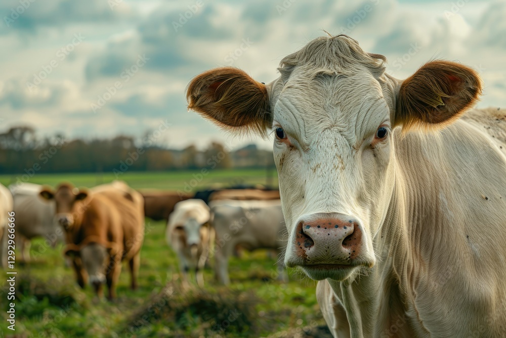White and Brown Cow Looking Straight at the Camera with a Herd of Cows on the Pasture in White and Brown Cow Looking Straight at the Camera with a Herd of Cows on the Pasture in
