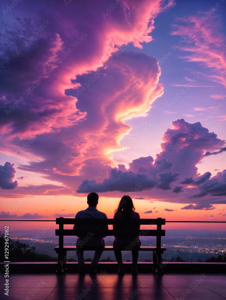 The silhouette of two sitting on a bench staring at a beautiful sunset sky with dramatic, swirling clouds of purple, pink and orange The silhouette of two sitting on a bench staring at a beautiful sunset sky with dramatic, swirling clouds of purple, pink and orange