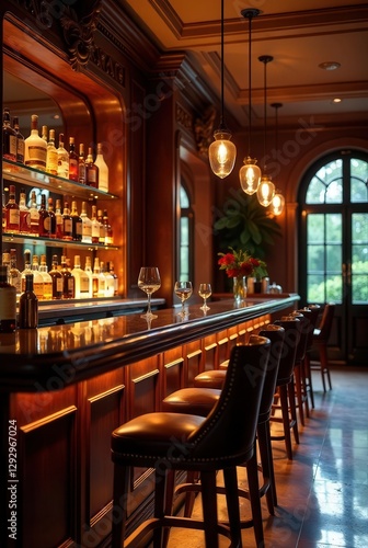 Elegant upscale bar with rich wood finishes and ambient lighting, featuring a well-stocked spirits display and comfortable leather seating.