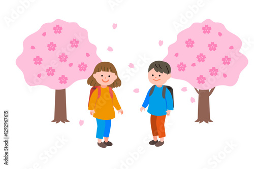 桜並木とランドセルを背負った小学生の男の子と女の子イラスト