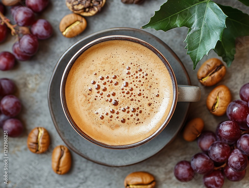 Food photo: warm breakfast with a cup of coffee on the table, inviting shot.