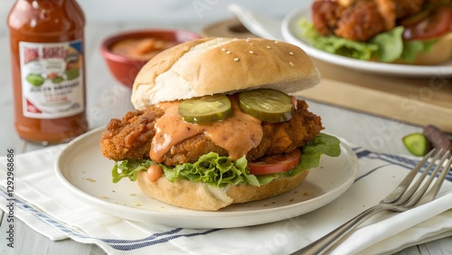 Obraz na plátně A hot, crispy fried chicken sandwich with spicy mayo and pickles on a soft bun