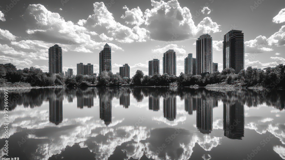 City skyline reflected in calm water, monochrome cityscape with clouds mirrored. City skyline reflected in calm water, monochrome cityscape with clouds mirrored.