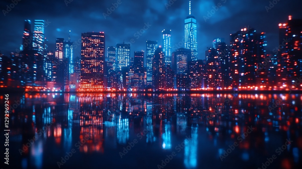 Fototapeta premium City Skyline at Night with Reflected Lights on Water, Featuring a Neon Color Palette