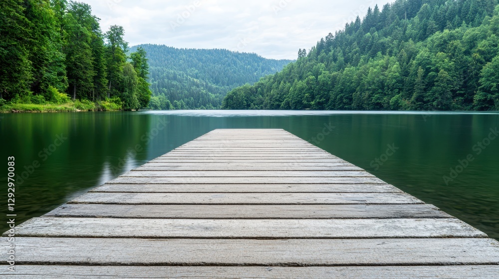 Naklejka premium Calm and Serene Wooden Dock Extending into Tranquil Lake Surrounded by Lush Green Forested Mountains