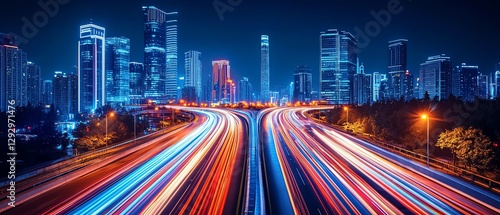 Nighttime cityscape with vibrant light trails.