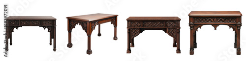 Ornately Carved Antique Wooden Furniture Set Including Tables Desks and Workstations for Classic and Traditional Interior Design Spaces