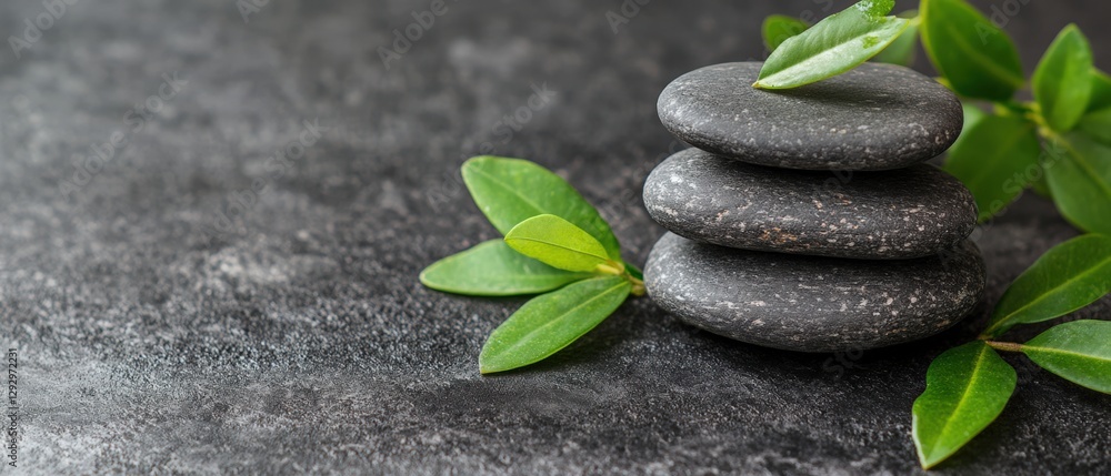 Tranquil Zen Garden Scene Featuring Three Smooth Black Stones with Fresh Green Leaves on a Dark Textured Surface for Relaxation and Meditation Tranquil Zen Garden Scene Featuring Three Smooth Black Stones with Fresh Green Leaves on a Dark Textured Surface for Relaxation and Meditation