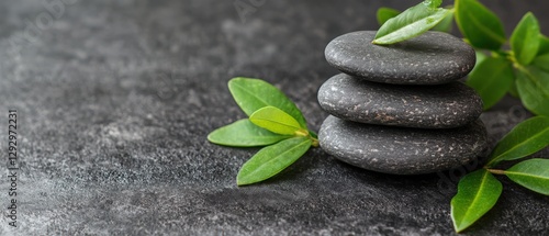 Tranquil Zen Garden Scene Featuring Three Smooth Black Stones with Fresh Green Leaves on a Dark Textured Surface for Relaxation and Meditation