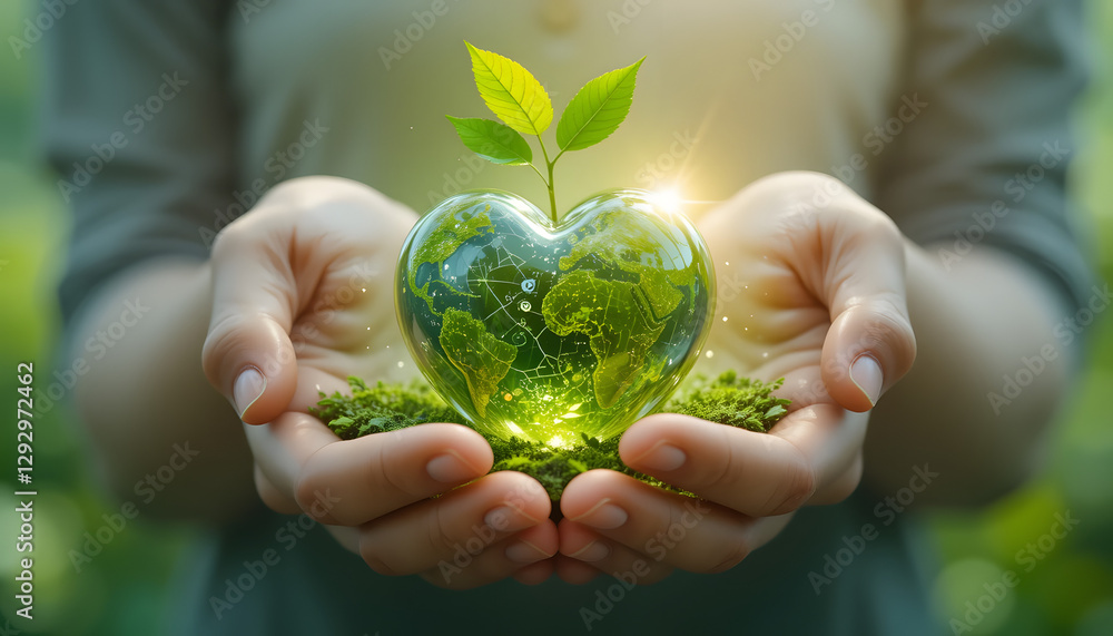 A heart-shaped Earth in human hands, symbolizing love for nature, sustainability, and environmental protection on a clean white background. A heart-shaped Earth in human hands, symbolizing love for nature, sustainability, and environmental protection on a clean white background.