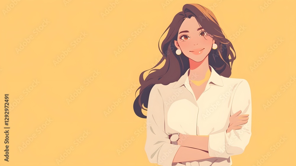 Obraz premium Confident and Poised Working Woman in Smart Casual Outfit Smiling Softly Against Pastel Background