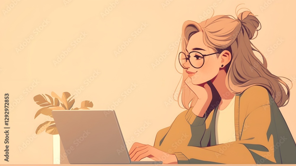 Creative Working Woman with Laptop on Minimalist Background Creative Working Woman with Laptop on Minimalist Background