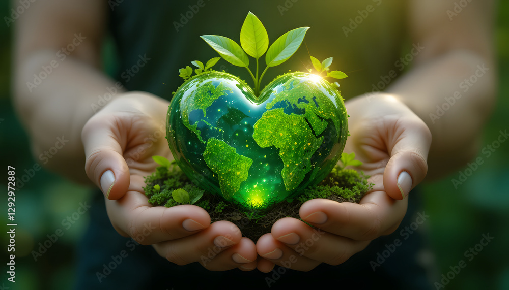 A heart-shaped Earth in human hands, symbolizing love for nature, sustainability, and environmental protection on a clean white background. A heart-shaped Earth in human hands, symbolizing love for nature, sustainability, and environmental protection on a clean white background.
